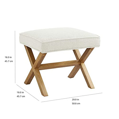 Amazon Basics Small Ottoman Foot Rest, Mid-Century Modern X Square Polyester Foot Stool, Linen, Ivory White, 18" D x 19.8" W x 18.3" H