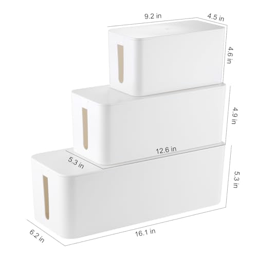 Tuwechen 3 Pack Cable Management Box, Cable Organizer Box to Hide Wires | Desk Cord Organizer with 18-Piece Cable Management, Power Strips Holder, for Home & Office, White