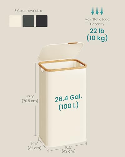 SONGMICS Laundry Hamper, Laundry Basket with Lid, Foldable Storage Basket, Bamboo Frame, for Bedroom, Living Room, Oxford Fabric, 26.4 Gal. (100 L), Cream White ULCB518WD01