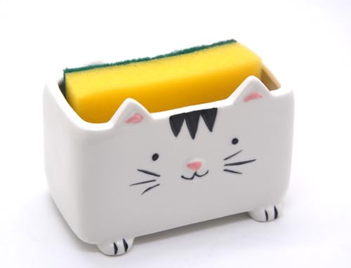Cat Sponge Holder Ceramic Cat Soap Holder Cute Cat Decor Kitchen Accessories Cat Home Decor Ceramic Kitchen Sponge Holder Cat Gifts Ideal Gifts for Women Birthdays Valentines Day Gifts
