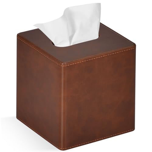 Tissue Box Cover Square PU Leather Facial Tissue Box Holder for Dresser Bathroom Decor (Brown)