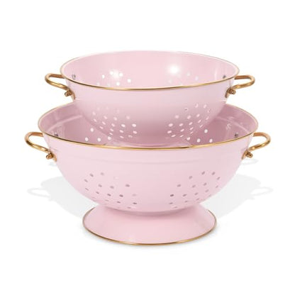 Metal Colander Set of 2, Strainer Basket with Handles 3.5 & 5 Qt Powder Coated Self-draining Solid Ring Base Metal Large Kitchen Colander Bowel for Pasta Vegetable Fruit (PINK)