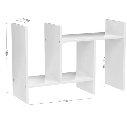 Desk Shelves Wood Desktop Orgnizer Shelf. Office Organization for Top of Desk Organizers and Accessories Bookshelf Shelving,Adjustable Tier H-Shape Mini Bookcase(White)