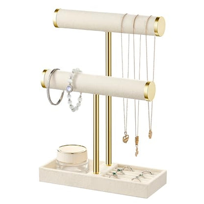 bussdis 2 Tier Bracelet Holder Display, Necklace Holder Organizer, Beige | Velvet Necklace Holder | Jewelry Tree | Jewelry Towers | Jewelry Stand Organizer for Necklaces, Bracelets, Earrings, Rings