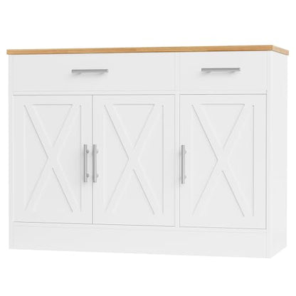 Shintenchi Modern Farmhouse Sideboard Buffet Cabinet with Storage with 3 Doors,42" Barn Doors Buffet Cabinet with Storage, Wood Coffee Bar Cabinets with Adjustable Shelf for Kitchen Living Room,White