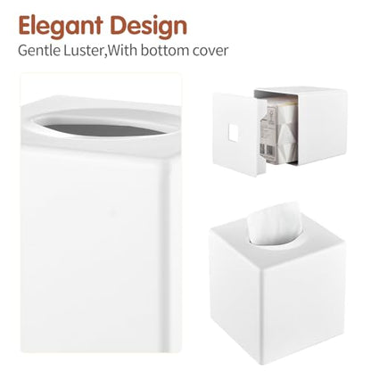 Tissue Box Cover, Modern Decorative Square Facial Storage Tissue Box Holder, Home Accessories for Bathroom Vanity Countertops, Dressers, Night Stand, Parlors and Office - White