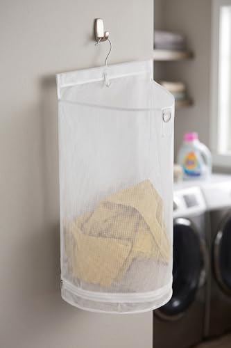 ALYER Hanging Semi Round Storage Mesh Bag,Collapsible Laundry Hamper Basket with Durable Hanger (White)