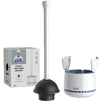 MR.SIGA Toilet Plunger with Holder, Plungers for Bathroom Heavy Duty, White | Automatic lid design, sturdy long handle, heavy duty toilet plunger and holder set, toilet clog remover