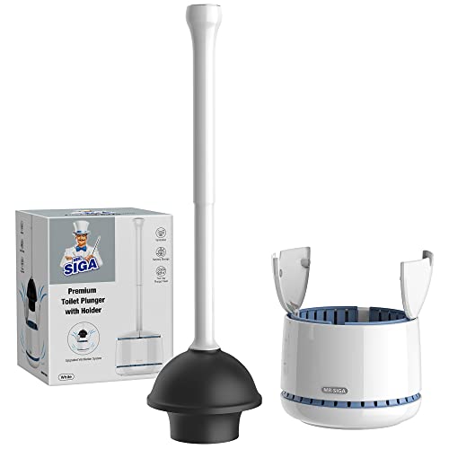 MR.SIGA Toilet Plunger with Holder, Plungers for Bathroom Heavy Duty, White | Automatic lid design, sturdy long handle, heavy duty toilet plunger and holder set, toilet clog remover