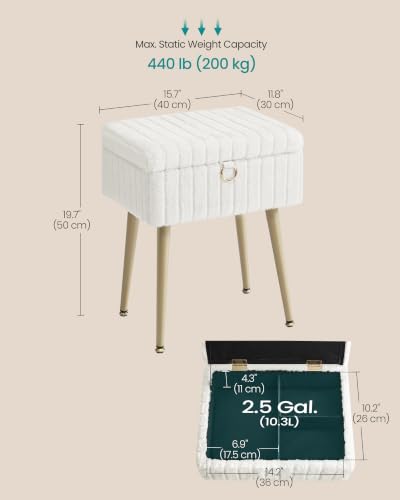SONGMICS Vanity Stool Chair Faux Fur with Storage, Vanity Bench, Metal Legs, Adjustable Feet, for Living Room, Bedroom, Makeup Room, Cream White ULOM505WZ02