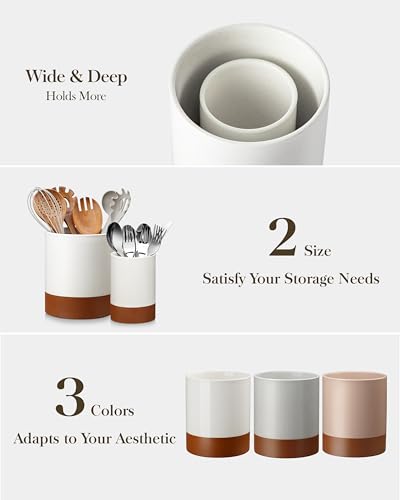 MALACASA Utensil Holder, 7.3"+5.5" Ceramic Kitchen Utensil Holder for Countertop, Large Cooking Utensil Crocks for Kitchen Counter, Farmhouse Utensils Organizer, Set of 2, Khaki White, Series TARA
