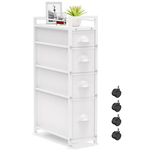 LASZOLA Narrow Cabinet Slim Storage Cart for Bathroom Small Space, White | 4 Tiers Skinny Rolling Organizer Shelf with Sturdy Fabric Drawers, Lightweight Mobile on Wheels, Between Washer and Dryer