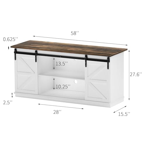 YESHOMY Farmhouse TV Stand for Televisions up to 65 Inches, Sliding Barn Doors and Storage Cabinets, Console Table and Media Furniture for Living Room, 58 Inch, White
