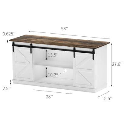YESHOMY Farmhouse TV Stand for Televisions up to 65 Inches, Sliding Barn Doors and Storage Cabinets, Console Table and Media Furniture for Living Room, 58 Inch, White