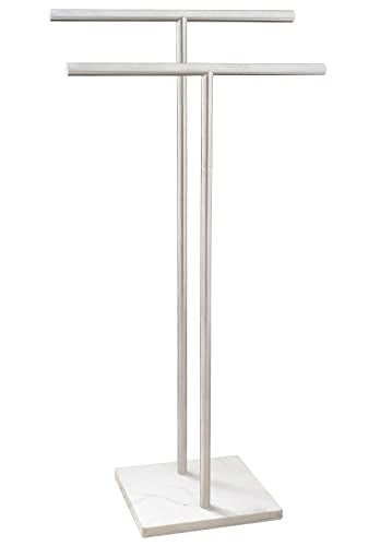 40 Inch Standing Towel Rack Double-T Shape Tall Bath Towel Sheet Holder with Marble Design Base for Bathroom Floor Next to Tub or Shower 2 Tier Towel Holder Stand Stainless Steel Brushed Nickel