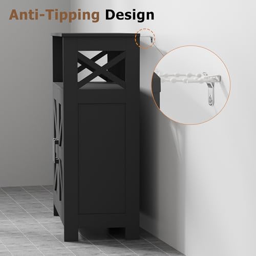 Farmhouse Bathroom Storage Cabinet with Doors, Small Floor Cabinet | Toilet Paper Cabinet with Adjustable Shelf, Freestanding Storage Cabinet for Kitchen/Laundry/Living Room, 24"W, Black