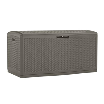 Suncast XL Deck Box, 124 Gal, Resin Wicker, Pad-Lockable Lid, Stoney Gray