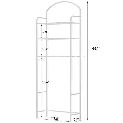 3 Tier Over The Toilet Storage Rack, Bathroom Organizer | Toilet Storage with 4 Hooks & Paper Holder, Space-Saving, Freestanding Bathroom Shelf, Metal, White
