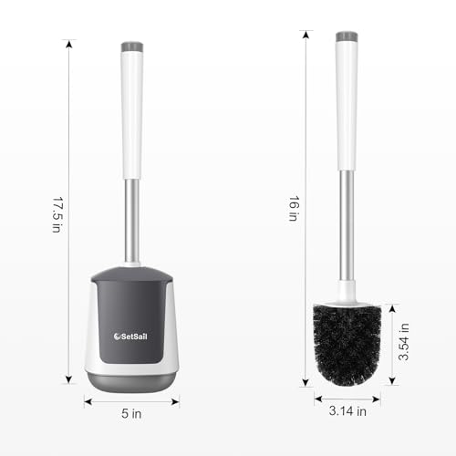 Toilet Brush and Holder 2 Pack, Self Closing Lid Toilet Bowl Brushes Holder and Extra Long Handle Ventilated Toilet Brush Set for Bathroom Cleaning, Nylon Bristles, White & Grey
