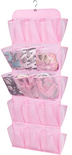 MISSLO 30 Large Pockets Dual Sided Hanging Shoe Organizer for Closet with Rotating Hanger Hanging Shoe Shelves, Pink