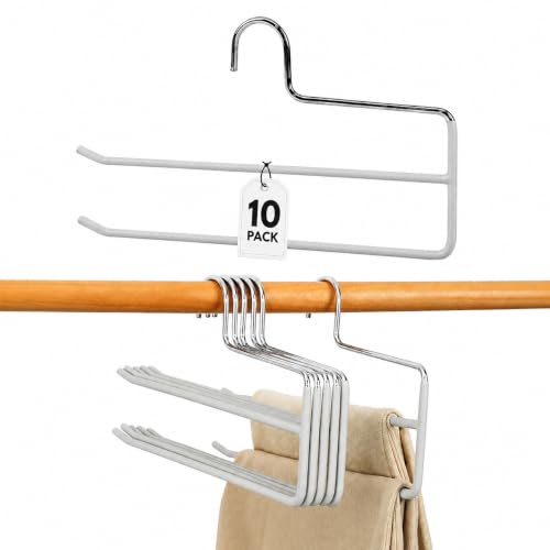 Pants Hangers for Closet, Open Ended 2 Tier Hanger with Space Saving Dual Layer Design, Non Slip PVC Coated Metal Construction, Closet Storage Solution for Pants, 10 Pack, Gray