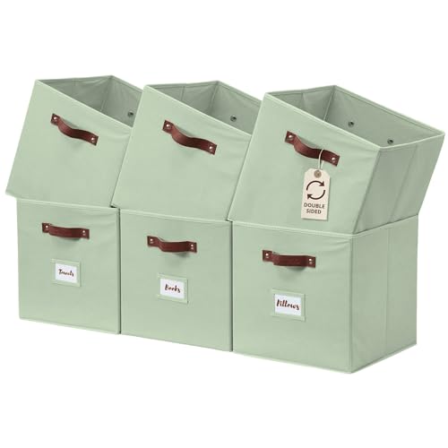 DECOMOMO Storage Bins, Cube Storage Bin with Labels | 10.5" x 11" Fabric Storage Cubes for Shelves (6pcs, Sage Green)