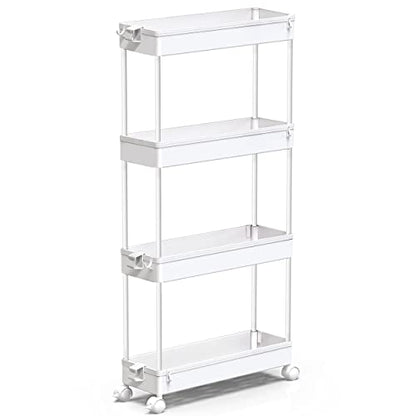 SPACEKEEPER Slim Rolling Storage Cart, 4 Tier Bathroom Cart Organizer,White | Narrow Rolling Cart with Wheels for Kitchen Office Bathroom Laundry Room,Mobile Utility Cart for Craft Art Makeup Nail Polish