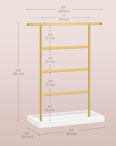 SONGMICS Jewelry Organizer, 4-Tier Earring Holder Organizer Stand with Base Tray, for Studs and Necklaces, Vintage, White and Gold Color UJJS019A01 | For Studs and Necklaces, Vintage, White and Gold Color, CAELEY Collection UJJS019A01