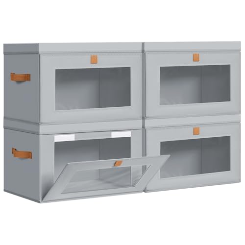 DIMJ Storage Bins with Lids - 4 Pack Large Fabric Closet Organizer with Window & Handles, Collapsible Decorative Storage Boxes for Shelves Under Bed, Books Clothes Blankets Sweaters Organization