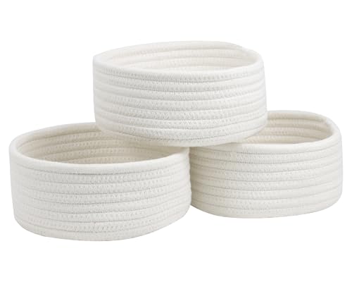 Set of 3 Small Woven Baskets, Cotton Rope Baskets for Organizing, White | Cute Mini Round Baskets, Gift and Storage Baskets, Nursery Organizer, Bathroom Bins, Decorative Boho Decor Tiny Baskets
