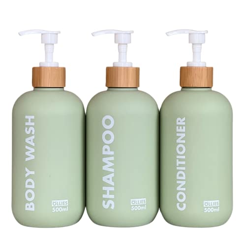 OLLIES Shampoo and Conditioner Dispenser, Shower Soap Dispenser for Bathroom, Set of 3 with Permanent Stylish Label, 17oz, 500ml Refillable Shampoo and Conditioner Bottles Green