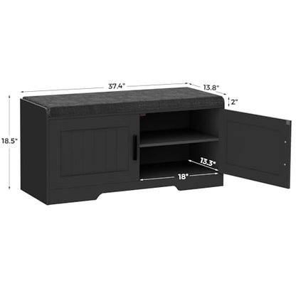 Homleke Shoe Storage Bench, 2 Doors & Thickened Padded Seat Cushion | 2-Tier Shoe Bench, Entryway Bench, Adjustable Shelf, 13.8" D x 37.4" W x 18.5" H, for Living Room, Bedroom, Black