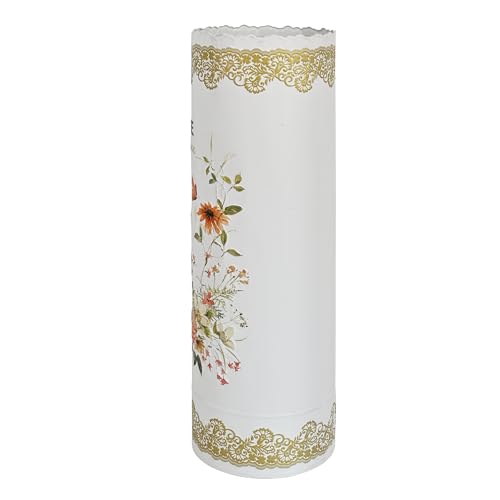 Vintage Metal Round Umbrella Holder Decorative Flower Design Umbrella Stands Entryway Organizer Bucket for Home/Office/Farmhouse - Holds Multiple Umbrellas, Walking Sticks & Canes Flower White
