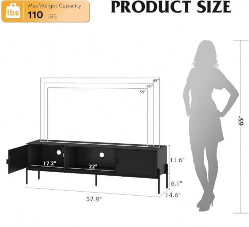 WLIVE 58" TV Stand for 65 Inch TVs, Mid Century Modern Entertainment Center with 2 Storage Cabinets & Open Shelf, Media Console Table with Metal Legs for Living Room, Bedroom, Black