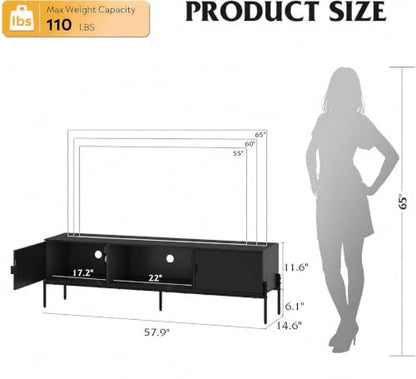 WLIVE 58" TV Stand for 65 Inch TVs, Mid Century Modern Entertainment Center with 2 Storage Cabinets & Open Shelf, Media Console Table with Metal Legs for Living Room, Bedroom, Black