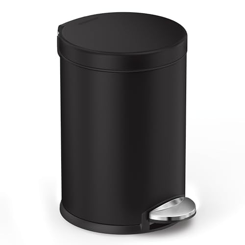 simplehuman Round Step Can, 4.5L / 1.2 Gallon Compact Bathroom Trash Can, 150,000-Step Pedal, Lid Shox® Silent Close, Removable Inner Bucket, Matte Black Steel