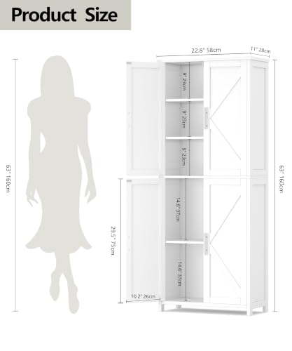 63''H Tall Bathroom Storage Cabinet Adjustable Shelf White | Floor Cabinet with Barn Doors, Adjustable Shelf, Linen Pantry Cabinet for Kitchen, Laundry Room, Living Room, Entryway