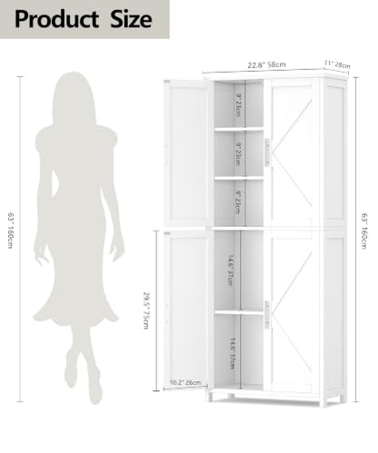 63''H Tall Bathroom Storage Cabinet Adjustable Shelf White | Floor Cabinet with Barn Doors, Adjustable Shelf, Linen Pantry Cabinet for Kitchen, Laundry Room, Living Room, Entryway