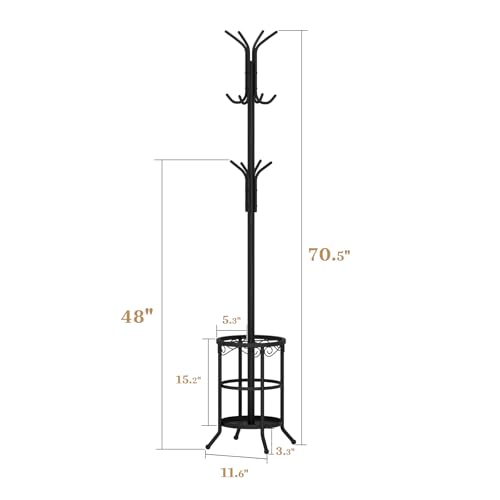 Coat Rack Freestanding with Umbrella Holder – Metal Hanger Stand, Hall Tree with 12 Hooks, Entryway Organizer for Hats, Bags, and Clothes (Black)