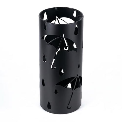 BEWBBAT Metal Umbrella Stand Rack for Entryway, Black Round Free Standing Umbrella Holder Organizer Bin with 3 Hooks for Walk Stick, Home Office Indoor, 17 x 7 Inch