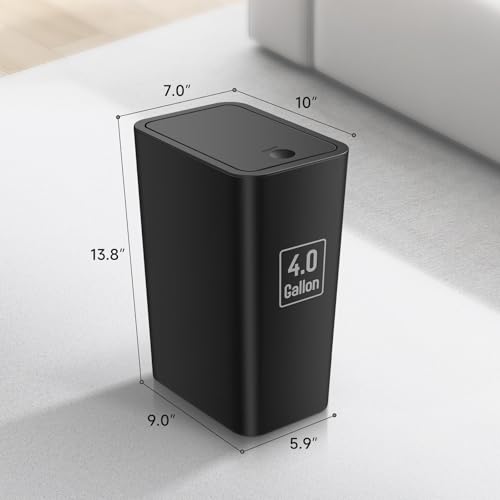 TIPGO Bathroom Trash Can with Lid, 4 Gallon / 15 Liter Small Garbage Can, Press Top Bin, Plastic Wastebasket with Pop-Up Lid for Bedroom, Living Room, Office (Black)