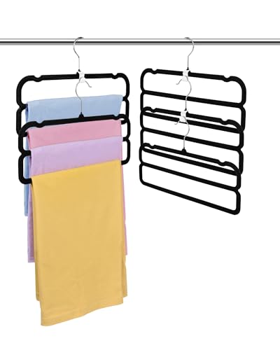 10 Pack Velvet Pants Hangers Space Saving, Non Slip 2-Layer Hanger (Black) | Heavy Duty Flocked Trouser Hangers,pants organizer for closet with Swivel Hook, Felt Jean Hangers for Women and Men