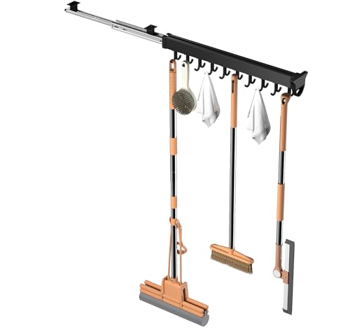 Pull-out Mop and Broom Holder with 20 Sliding Hooks | Slide Broom Closet Organizer, Sliding Garage Storage Rack, For Home Kitchen Wardrobe Closet Laundry Cupboard