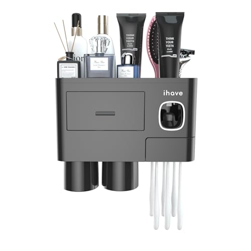iHave Toothbrush Holders Wall Mounted with Toothpaste Dispenser & 2 Cups | All-in-One Bathroom Organizer: 2 Cups, 6 Slots, Toothpaste Dispenser, Large Tray & Drawer. Wall Mount, No Drilling Required