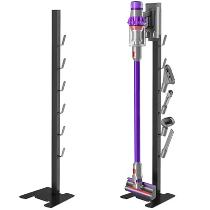 XIGOO Dyson Vacuum Stand for Gen5 Detect V15 V12 V11 V10 V8 V7 V6 | Vacuum Stand for Dyson Cordless Vacuum Cleaners and Accessory, Heavy-Duty Metal Bracket Holder with 6 Hooks, Black