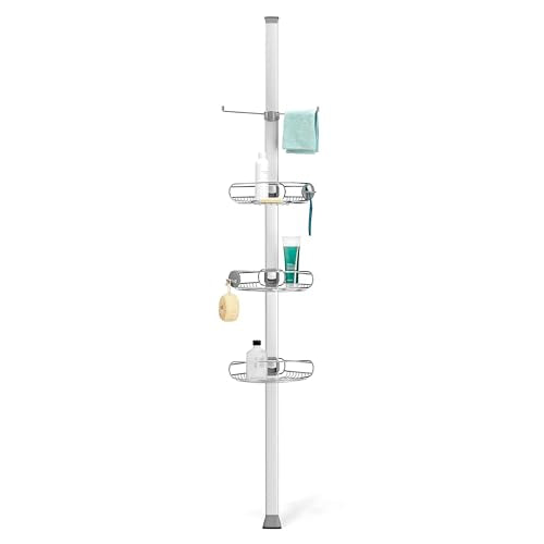 simplehuman Tension Pole Shower Caddy, No-Drill Floor to Ceiling Bathroom Organizer for Bathtub & Inside Shower, Extends 6 to 9 Feet, 3 Adjustable Shelves, Rust-Proof Stainless Steel