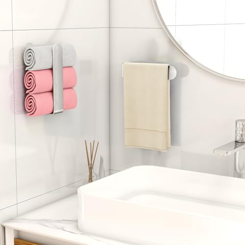 Adhesive Hand Towel Holder 2 Pack, Brushed Nickel 8 Inch Bars | Wall Mounted Towel Holder for Bathroom, Self Adhesive Square Stick on Towel Bar Wall for Kitchen Cabinet RV