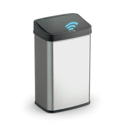 Ninestars 13 Gallon Automatic Trash Can, 50L Touchless Motion Sensor Garbage Can with Odor-Sealing Lid, Rectangular Stainless Steel, Black Trim