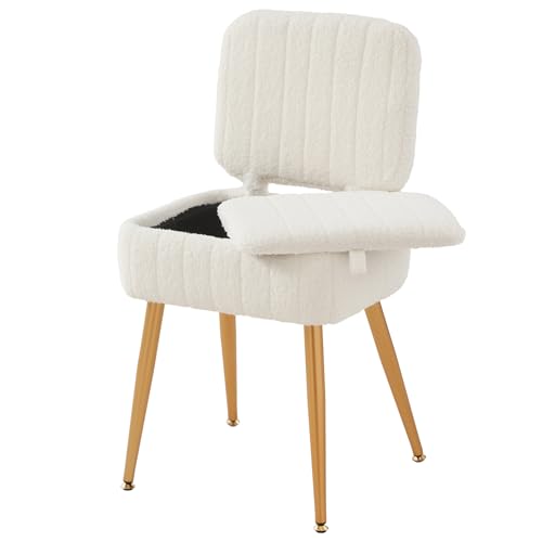 Updated Vanity Chair, Storage Ottoman with Folding... (White)