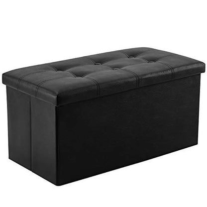 YOUDENOVA 30" Ottoman with Storage, Folding Faux Leather Bench, Black | Foldable ottoman with hidden storage, padded faux leather seat for living room, bedroom and entryway.